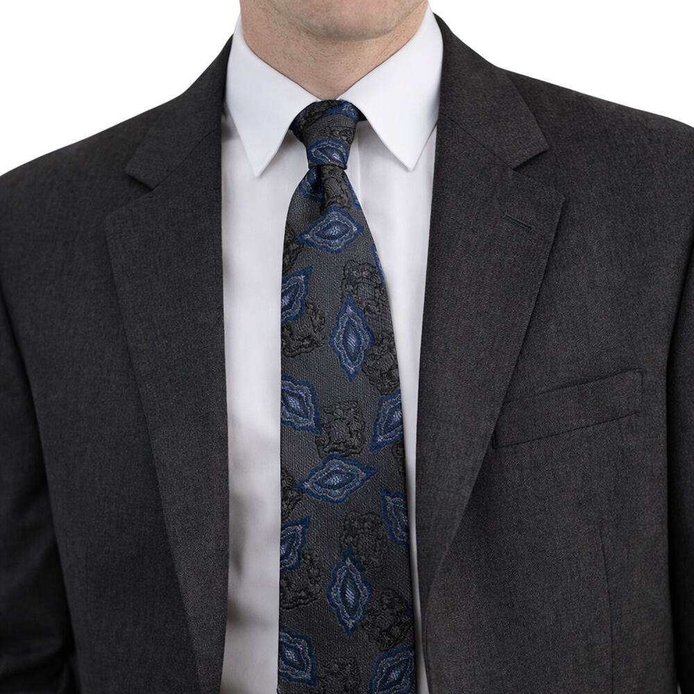 John Weitz 90s Geometric Silk Look Necktie Gray Blue Designer Tie